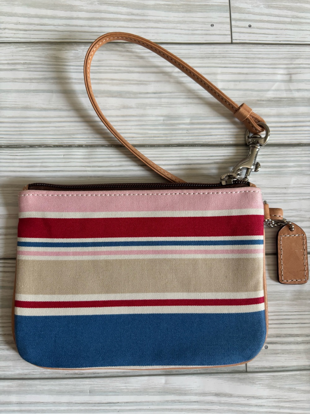 Coach Pink Red Blue Striped Canvas Wristlet - Picture 2 of 6